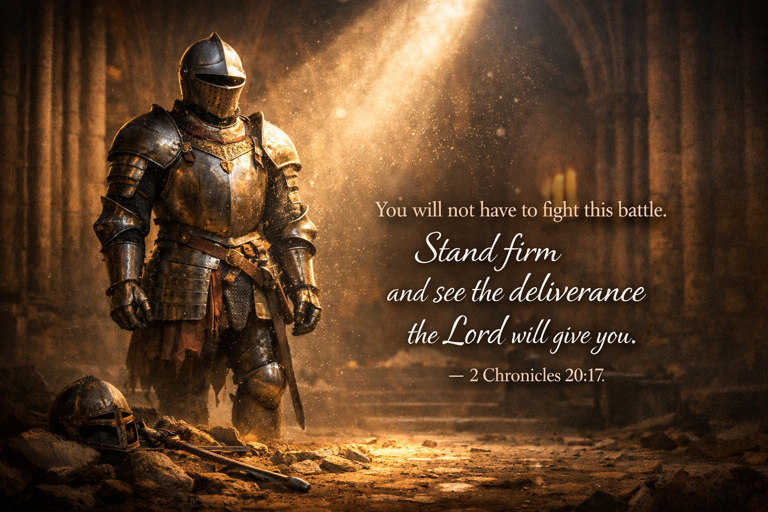 2 Chronicles 20:17 Bible verse wallpaper with empty armor in cathedral light - You will not have to fight this battle